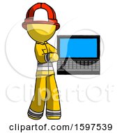 Yellow Firefighter Fireman Man Holding Laptop Computer Presenting Something On Screen