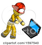 Poster, Art Print Of Yellow Firefighter Fireman Man Throwing Laptop Computer In Frustration