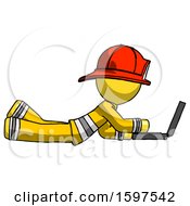 Poster, Art Print Of Yellow Firefighter Fireman Man Using Laptop Computer While Lying On Floor Side View