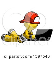 Poster, Art Print Of Yellow Firefighter Fireman Man Using Laptop Computer While Lying On Floor Side Angled View
