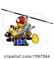Poster, Art Print Of Yellow Firefighter Fireman Man Flying In Gyrocopter Front Side Angle Top View