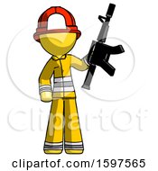 Poster, Art Print Of Yellow Firefighter Fireman Man Holding Automatic Gun