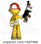 Poster, Art Print Of Yellow Firefighter Fireman Man Holding Tommygun