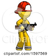 Poster, Art Print Of Yellow Firefighter Fireman Man Tommy Gun Gangster Shooting Pose