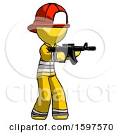 Poster, Art Print Of Yellow Firefighter Fireman Man Shooting Automatic Assault Weapon