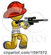 Poster, Art Print Of Yellow Firefighter Fireman Man Kneeling Shooting Sniper Rifle