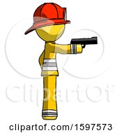 Poster, Art Print Of Yellow Firefighter Fireman Man Firing A Handgun