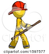 Poster, Art Print Of Yellow Firefighter Fireman Man Holding Bo Staff In Sideways Defense Pose