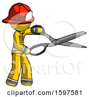 Poster, Art Print Of Yellow Firefighter Fireman Man Holding Giant Scissors Cutting Out Something