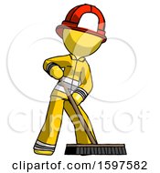 Poster, Art Print Of Yellow Firefighter Fireman Man Cleaning Services Janitor Sweeping Floor With Push Broom