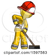 Poster, Art Print Of Yellow Firefighter Fireman Man Cleaning Services Janitor Sweeping Side View