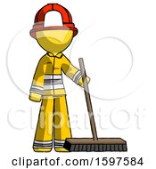 Yellow Firefighter Fireman Man Standing With Industrial Broom