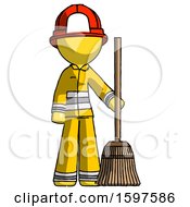 Poster, Art Print Of Yellow Firefighter Fireman Man Standing With Broom Cleaning Services
