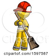 Poster, Art Print Of Yellow Firefighter Fireman Man Sweeping Area With Broom