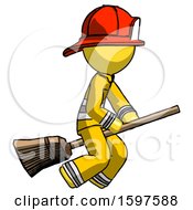 Poster, Art Print Of Yellow Firefighter Fireman Man Flying On Broom