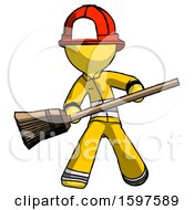 Poster, Art Print Of Yellow Firefighter Fireman Man Broom Fighter Defense Pose
