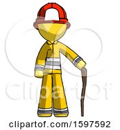 Yellow Firefighter Fireman Man Standing With Hiking Stick