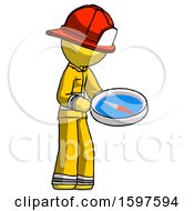 Poster, Art Print Of Yellow Firefighter Fireman Man Looking At Large Compass Facing Right
