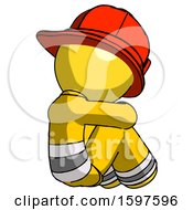 Poster, Art Print Of Yellow Firefighter Fireman Man Sitting With Head Down Back View Facing Right