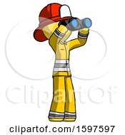 Poster, Art Print Of Yellow Firefighter Fireman Man Looking Through Binoculars To The Right