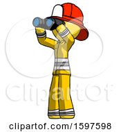 Poster, Art Print Of Yellow Firefighter Fireman Man Looking Through Binoculars To The Left