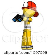 Poster, Art Print Of Yellow Firefighter Fireman Man Holding Binoculars Ready To Look Left