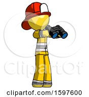 Poster, Art Print Of Yellow Firefighter Fireman Man Holding Binoculars Ready To Look Right