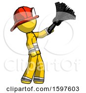 Poster, Art Print Of Yellow Firefighter Fireman Man Dusting With Feather Duster Upwards