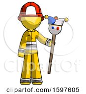 Poster, Art Print Of Yellow Firefighter Fireman Man Holding Jester Staff