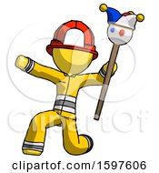 Poster, Art Print Of Yellow Firefighter Fireman Man Holding Jester Staff Posing Charismatically