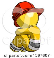 Poster, Art Print Of Yellow Firefighter Fireman Man Sitting With Head Down Back View Facing Left