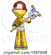 Poster, Art Print Of Yellow Firefighter Fireman Man Holding Jester Diagonally