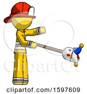 Poster, Art Print Of Yellow Firefighter Fireman Man Holding Jesterstaff - I Dub Thee Foolish Concept