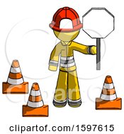 Poster, Art Print Of Yellow Firefighter Fireman Man Holding Stop Sign By Traffic Cones Under Construction Concept