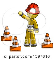 Poster, Art Print Of Yellow Firefighter Fireman Man Standing By Traffic Cones Waving