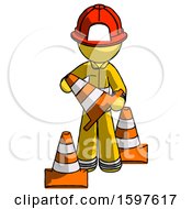 Poster, Art Print Of Yellow Firefighter Fireman Man Holding A Traffic Cone