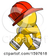 Poster, Art Print Of Yellow Firefighter Fireman Man Sitting With Head Down Facing Sideways Left