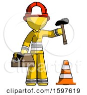 Poster, Art Print Of Yellow Firefighter Fireman Man Under Construction Concept Traffic Cone And Tools