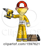 Poster, Art Print Of Yellow Firefighter Fireman Man Holding Drill Ready To Work Toolchest And Tools To Right