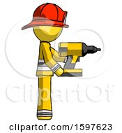 Poster, Art Print Of Yellow Firefighter Fireman Man Using Drill Drilling Something On Right Side