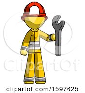 Poster, Art Print Of Yellow Firefighter Fireman Man Holding Wrench Ready To Repair Or Work