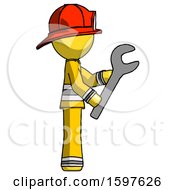 Poster, Art Print Of Yellow Firefighter Fireman Man Using Wrench Adjusting Something To Right