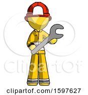 Poster, Art Print Of Yellow Firefighter Fireman Man Holding Large Wrench With Both Hands