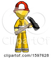 Poster, Art Print Of Yellow Firefighter Fireman Man Holding Hammer Ready To Work