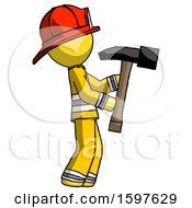 Poster, Art Print Of Yellow Firefighter Fireman Man Hammering Something On The Right