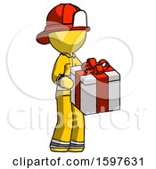 Poster, Art Print Of Yellow Firefighter Fireman Man Giving A Present