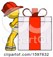 Poster, Art Print Of Yellow Firefighter Fireman Man Gift Concept - Leaning Against Large Present