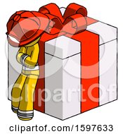 Poster, Art Print Of Yellow Firefighter Fireman Man Leaning On Gift With Red Bow Angle View