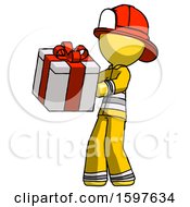 Poster, Art Print Of Yellow Firefighter Fireman Man Presenting A Present With Large Red Bow On It