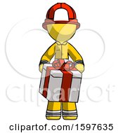 Poster, Art Print Of Yellow Firefighter Fireman Man Gifting Present With Large Bow Front View